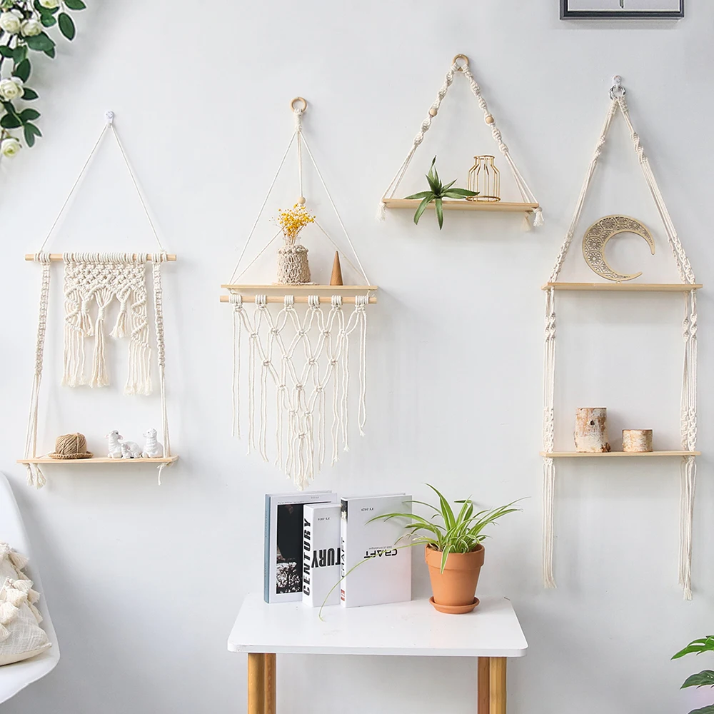 Artilady  3 Tier Layer Macrame Wood Wall Hanging Shelves Plant Decor Boho Floating Shelf for Bathroom