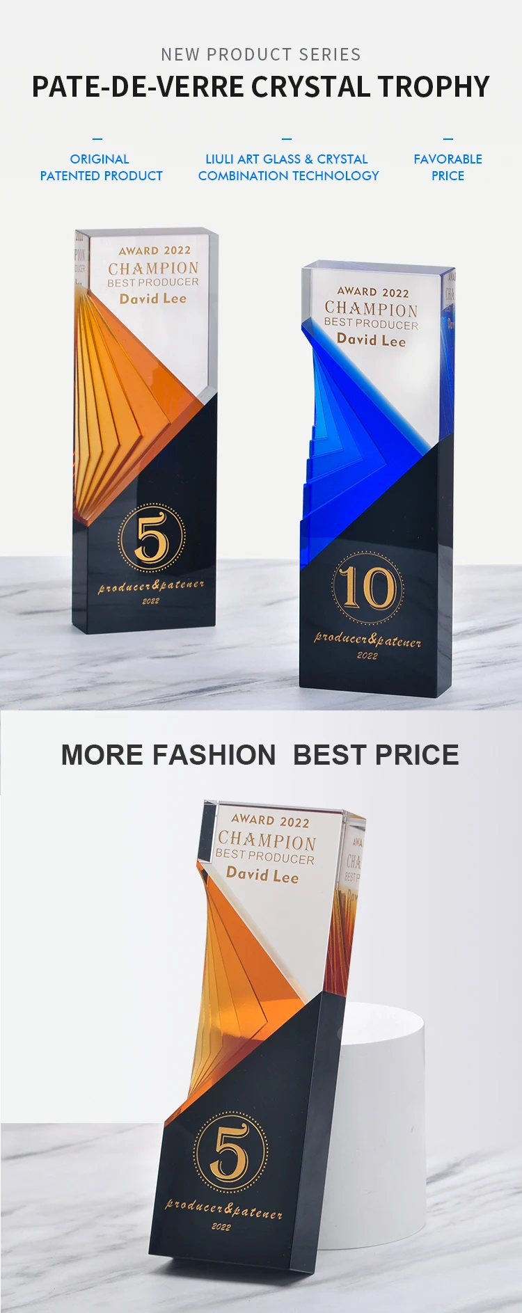 Factory Wholesale Custom Design Crystal Trophy Award for Business Gift