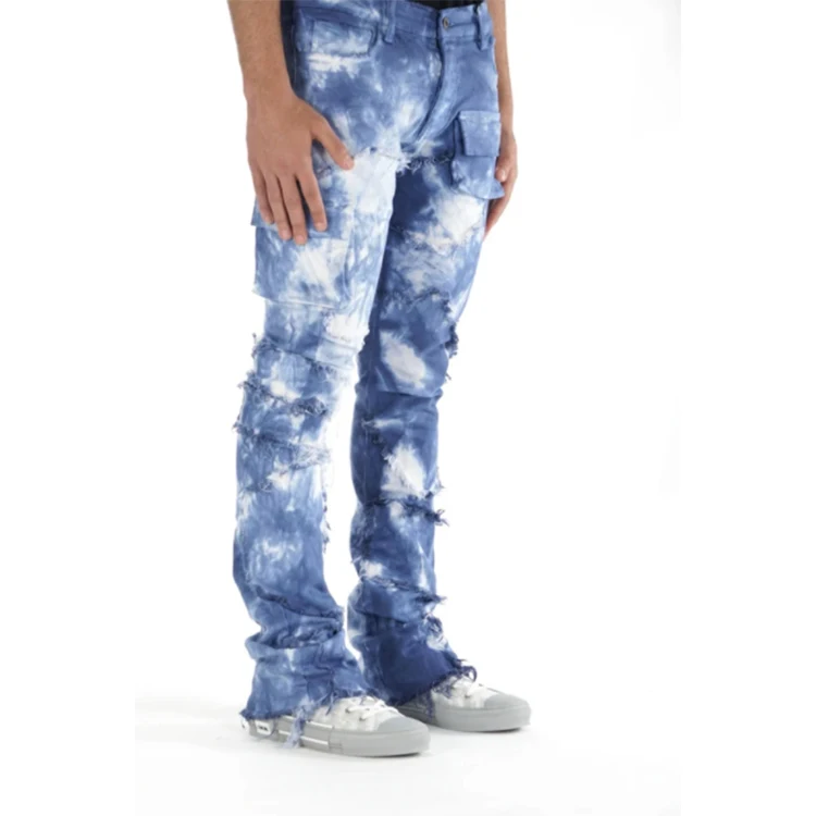 DiZNEW Custom Jeans Pants Tie Dye Distressed Slim Cargo Pants Wash Casual Zipper Plus Size Men's Jeans factory