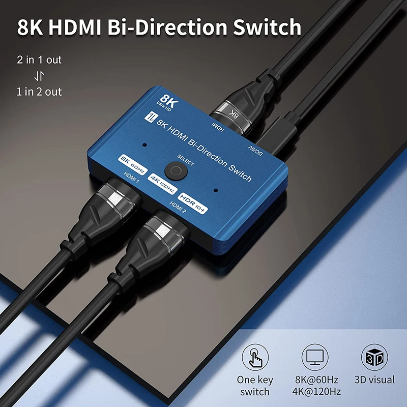 Hdmi Splitter Switch 2 In 1 Out Dual Port 8k 2.1 Hdmi Bidirectional Bi 