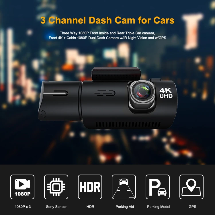 Small 4K 3 Channel Optional Two Camera Dash Camera 1080p Front Inner Back Dual 3 Cam Car Black Box