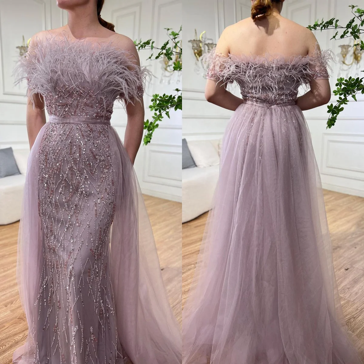 Serene Hill LA71634 Dubai Luxury Green Beaded Feathers Mermaid Evening Dress with Overskirt Wedding Party Gowns for Women