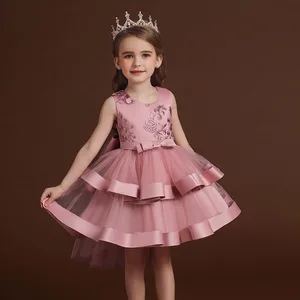 Wholesale Kids Party Sleeveless Tiered Evening Dresses Elegance Embroidery Lace Bow Girls Princess Dress