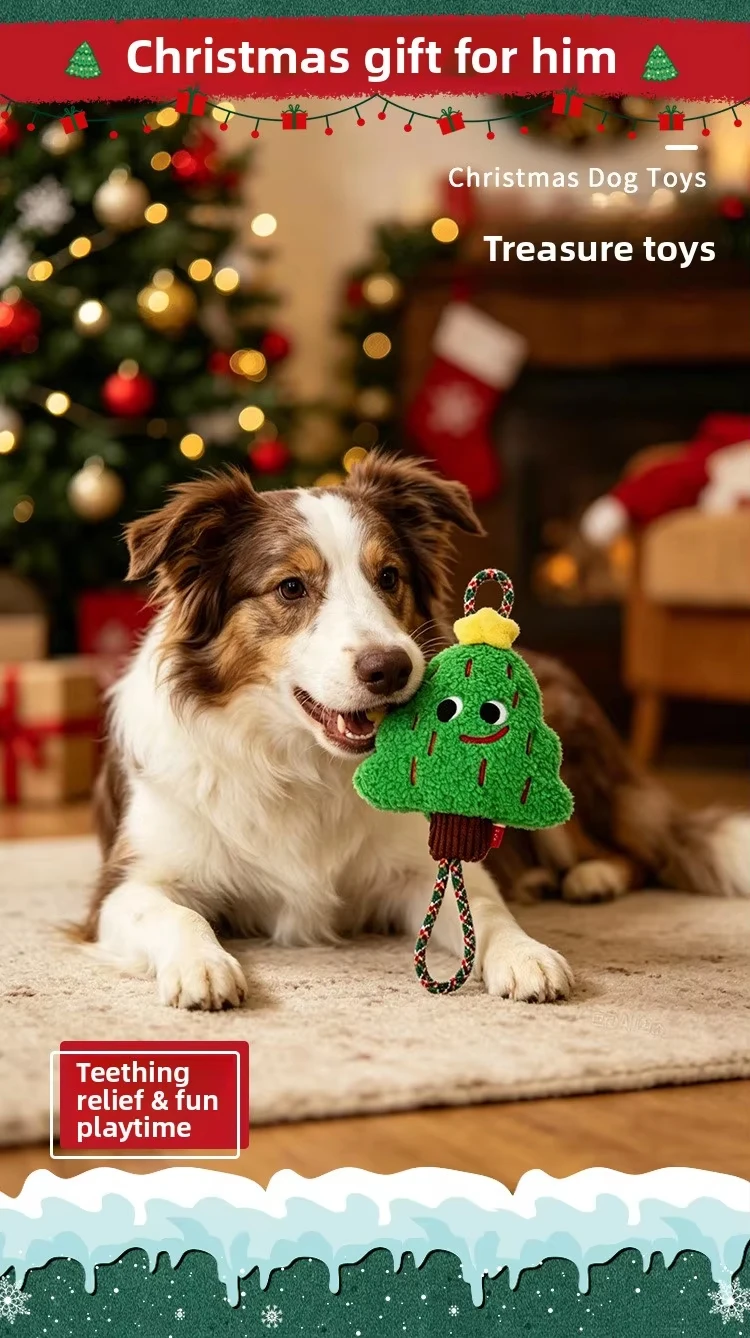 product christmas plush dog toy self entertaining chew resistant knots squeaker interactive tug of war toy for burning energy santa-2