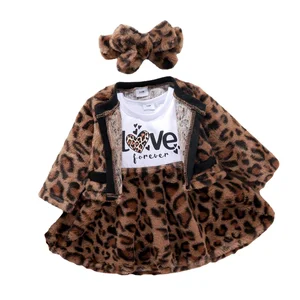 2022 Autumn Winter Toddler Girls Letter Leopard Print Fur Patchwork Long Sleeve Dress Jacket Headband 3PCS Baby Clothing Sets
