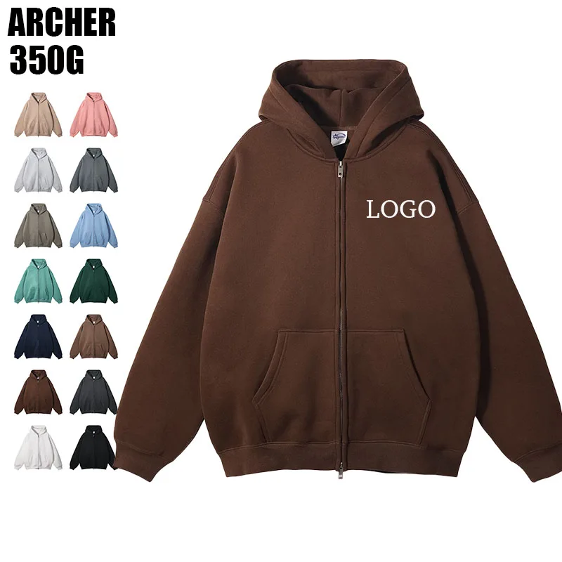 Archer new design 350g thick fleece hoodies brown zip up sweatshirts custom mens hoodies luxury plain hoodie in bulk Alibaba