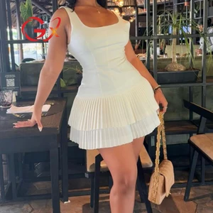 GX11167 Fashion 2026 Women Cloth Vendor Sleeveless Square Neck Mini Dress Sexy Tight Fit Elegant Evening Pleated Dresses