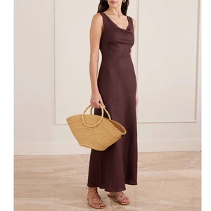 2026 Guangzhou Clothing Munafcturer Elegant Casual Women's Cotton Linen Dress V-Neck Sleeveless Midi Dress