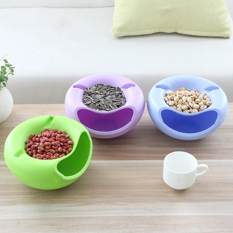 Creative Lazy Fruit Dish Snacks Nut Melon Seeds Bowl Double Layer Plastic Candy Plate  with Phone Holder