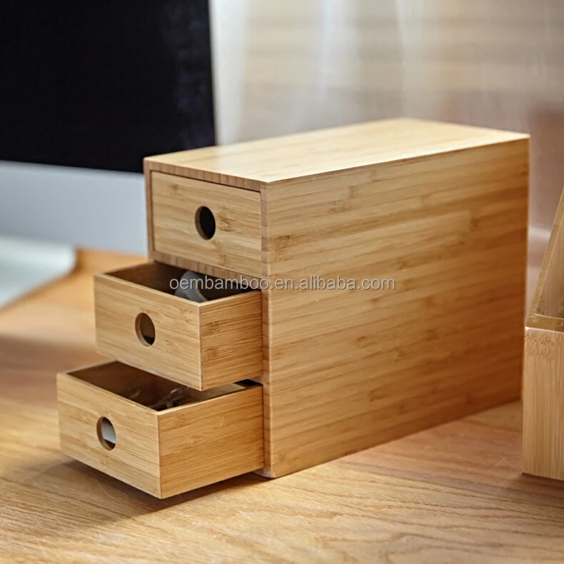 Bamboo Desktop Organizer - 3 Tier Wooden Drawers Storage
