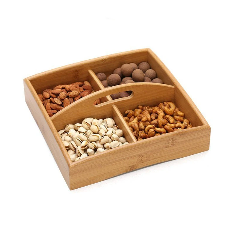 Home Gift 4- Compartments Bamboo Nuts Storage Platter Dessert Fruit Food Serve Plate Nut and Candy Serving Tray