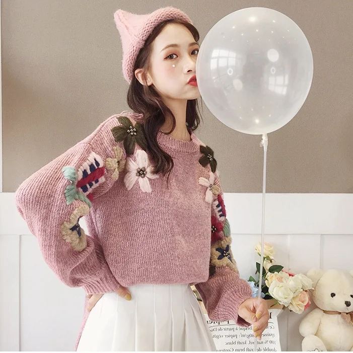Roze Nieuwe Parel Bloem Gebreide Vrouwen Dames Meisjes Trui