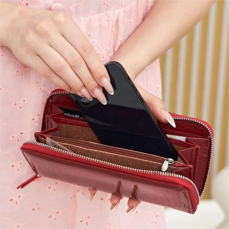 Genuine Leather Women Clutch Purse Large Capacity RFID Blocking