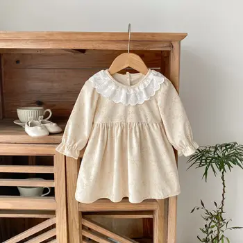 Autumn New Baby Girl Crocheted Double Lace Collar Corduroy Floral Skirt Western Style Long Sleeve Baby Girls Princess Dress