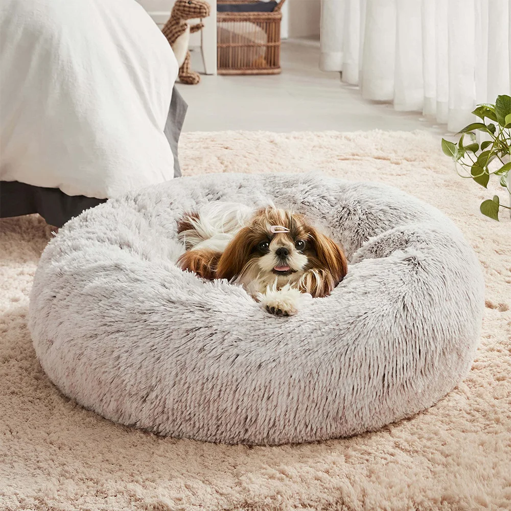 Wholesale calming washable luxury soft round plush dog bed donut cat pet bed