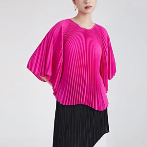Premium Women's Summer New Chiffon Blouse Thin Loose Plus Size Solid Color Batwing Cape Miyake Pleated T-shirt