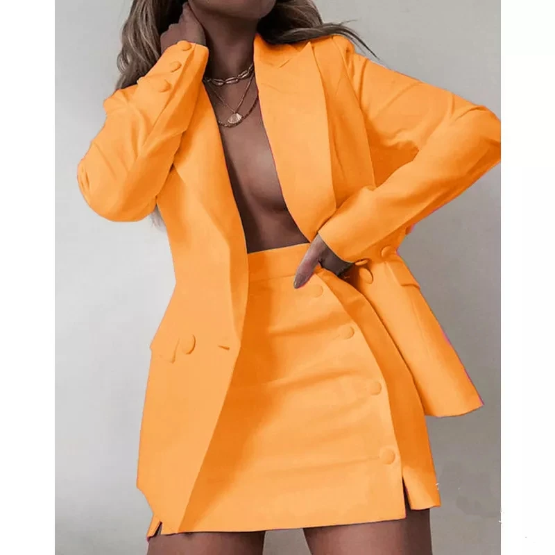 BL302 New 2022 Fasion trend Plus Size Solid Color Women Office Blazers And Dress Two Piece Set