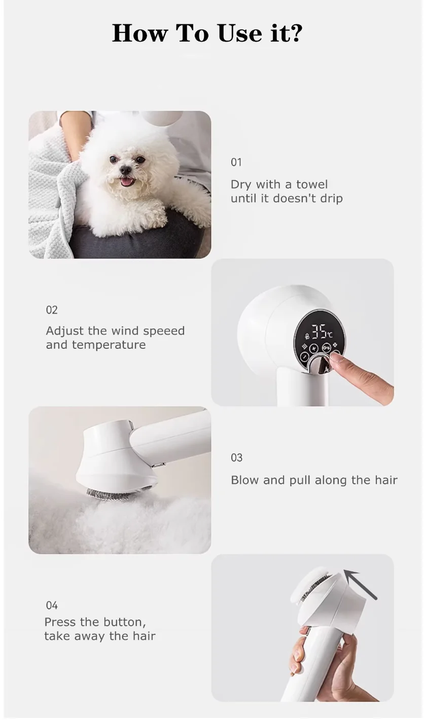 Pet Hair Brush Dryer, for Dogs and Cats, 2-in-1 Dog Hair Dryer with Slicker Brush, Portable, Adjustable Wind Speed & Temperature
