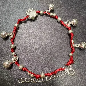 Traditional Red String Bracelet with Silver Bells Floral Charm Lucky Chinese Style Handmade Braided Bracelet for Women Unique