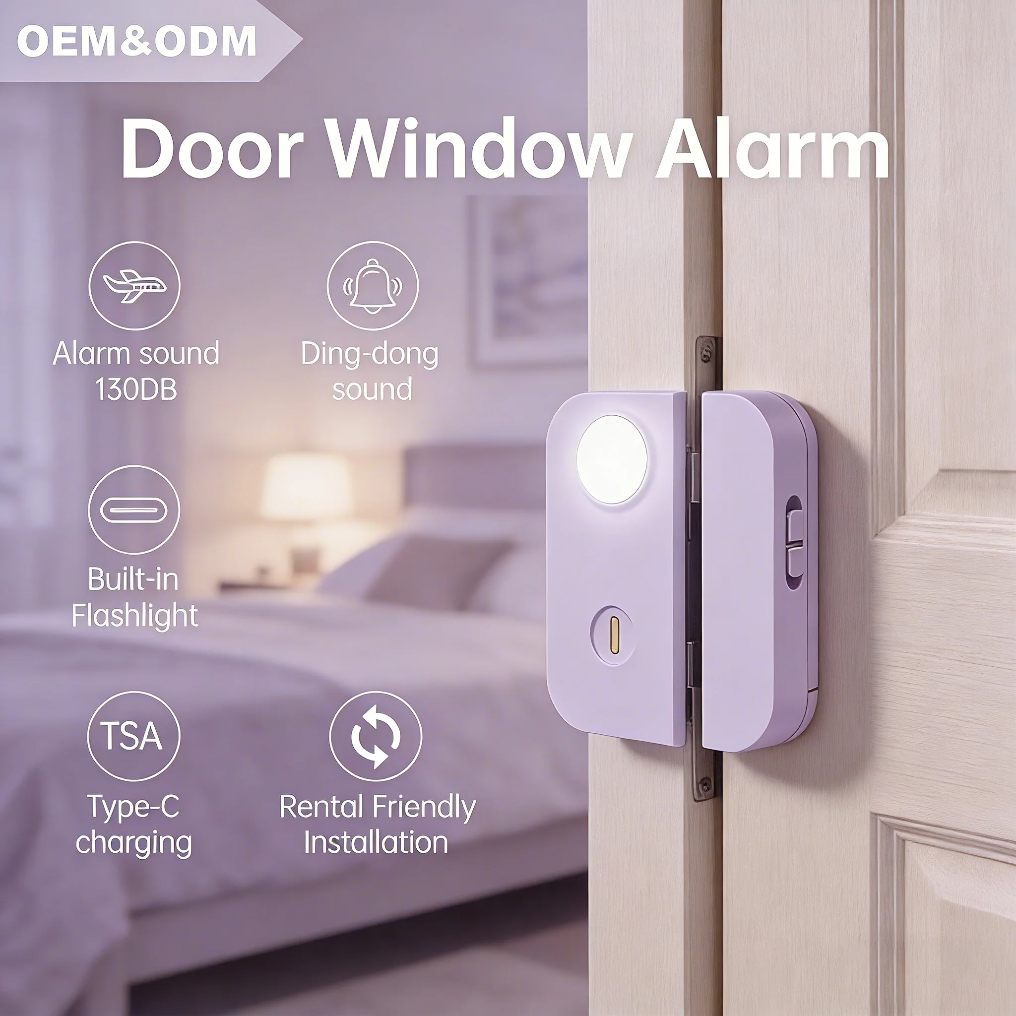 Herlaaibare deur- en vensteralarm met deurbelmodus, 30 lumen LED-flitslig, 130 mAh-batterye vir huisekerheid