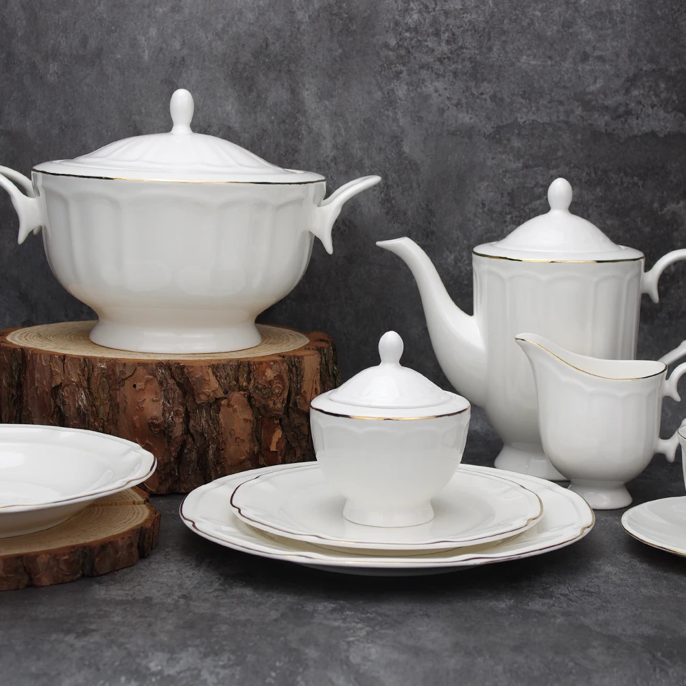 Luxury Ceramic Tableware Dinner Table Set With Teapot Gold Rim Porcelain Highend European Fine