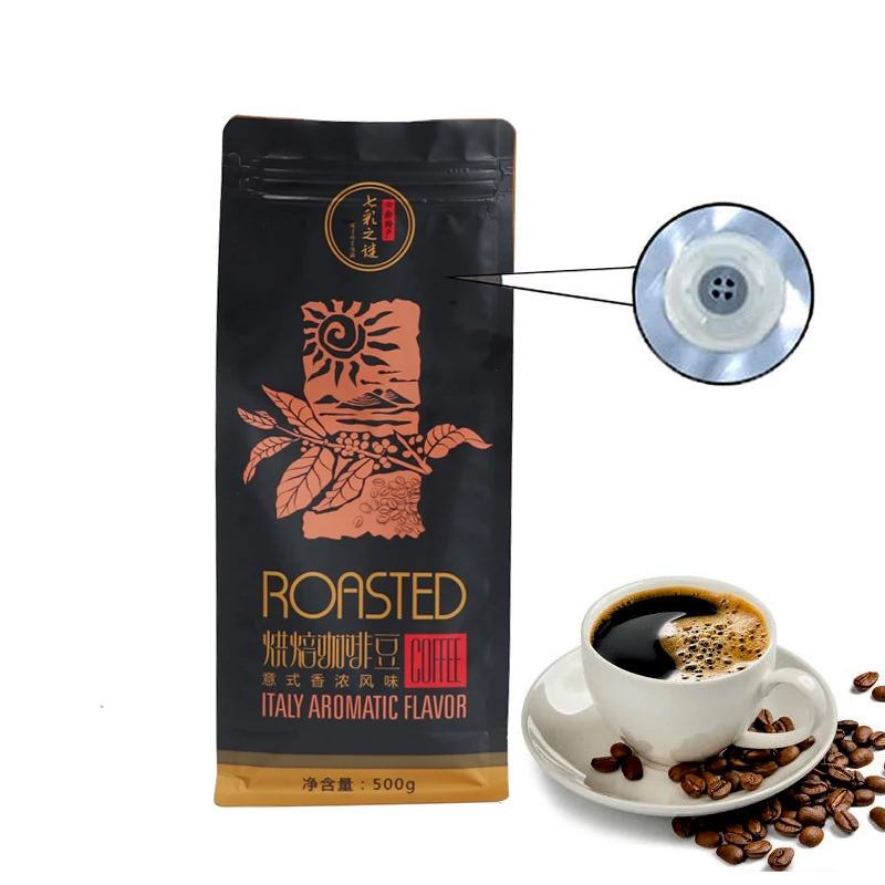 Custom Printed 250g 500gr 12 Ounce Black Empty One Way Valve Coffee Bags Flat Bottom Coffee Packing Bag with Valve and Zipper