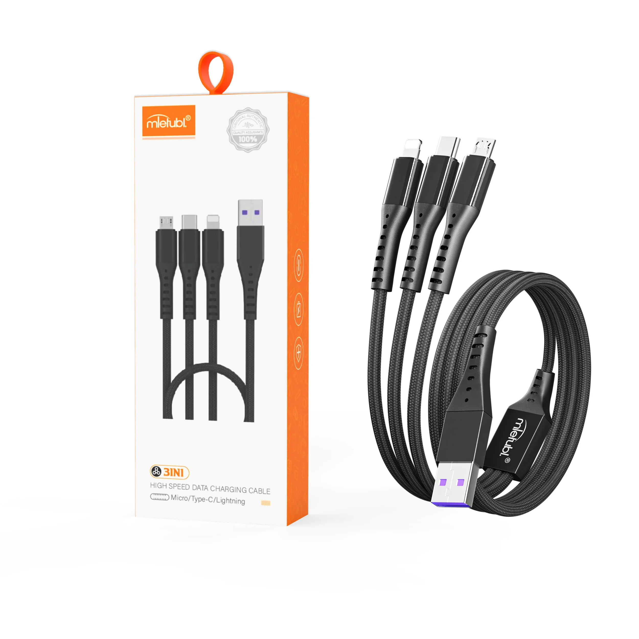 Mietubl 3 in 1 Braided Fast Charging USB Cable 3A Current Compatible with Mobile Phone Camera Printer iOS Tablet