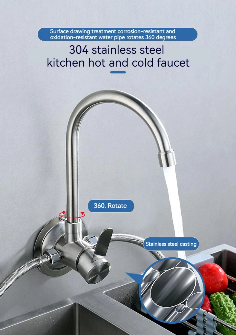 304 Stainless Steel Kitchen Mixer Water Faucet Hanging Wall Type Hidden Pipe Concealed