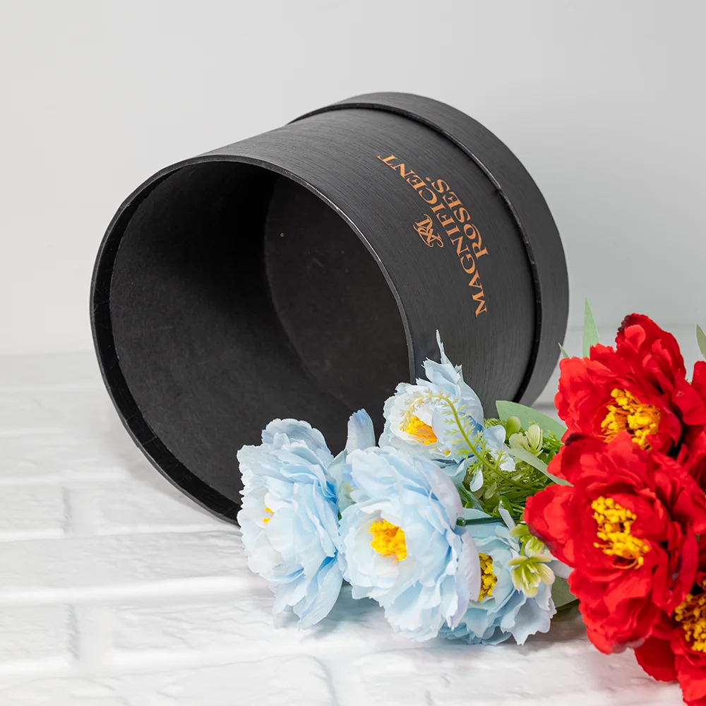product high end european style round loral arrangement flower bucket in leather embossed hat candy bags luxury roses holder gift box-4