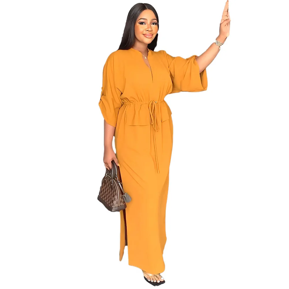 New Arrival 2026 Autumn Women Casual Shirt Dress V-neck Long Sleeve  Drawstring Maxi Dresses Ladies Casual Long Dresses| Alibaba.com