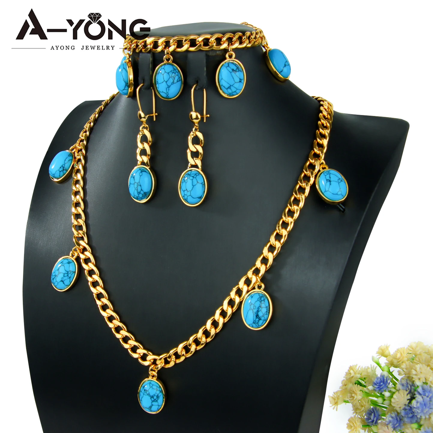 Fashion Style Charm Jewelry Set Blue 18k Gold Plated Jewelry Sets With Turquoise Stones