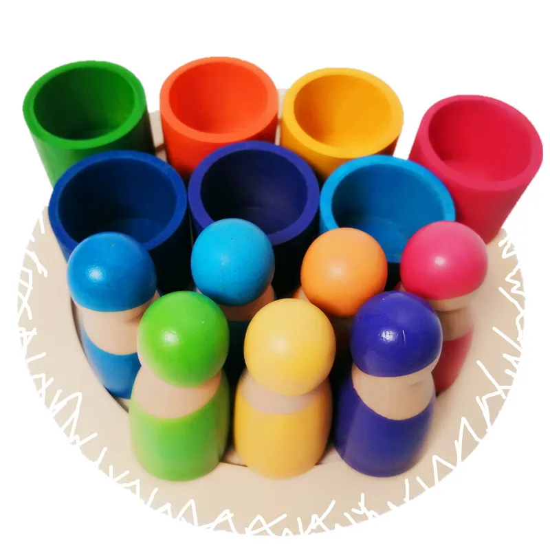 Rainbow Wooden Peg Dolls in Bowls 7 Bowls Wooden Sorting and Matching Rainbow Peg Dolls With Tray