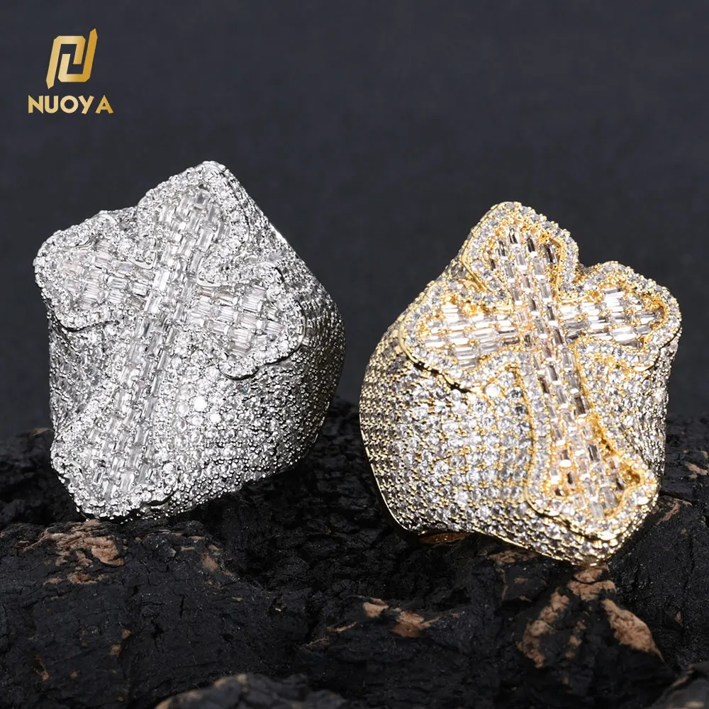 NUOYA Hip Hop Rapper Jewelry Shiny Diamond Cross Ring for Men White Gold Plated Micro Pave Baguette Zircon Cross Ring for Gift