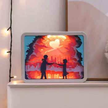 Romantic Couple Photo Frame Lamp Customized Colorful 3D Paper Carving Night Light Square Bedside Soft Light Table Lamp Battery