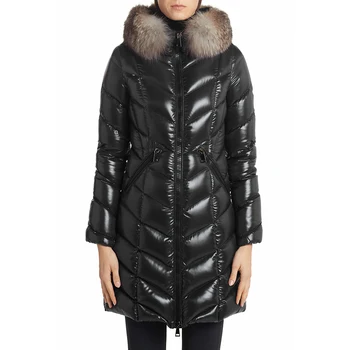 Woman Winter Quilted Down Puffer Coat with Removable Genuine Fox Fur Trim Ladies Jacket