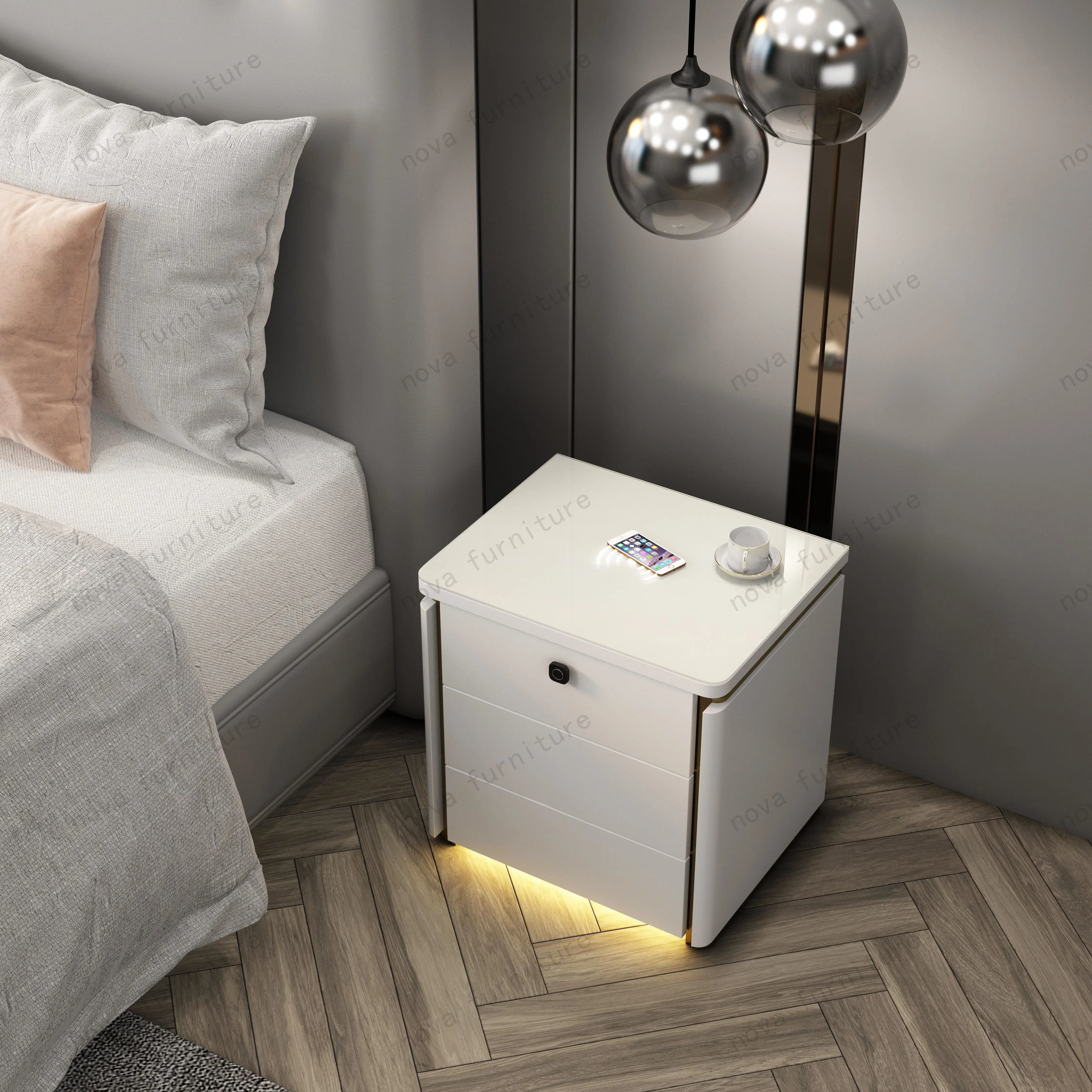 Nova Intelligent Bedroom Furniture High Gloss Bedside Table Modern ...