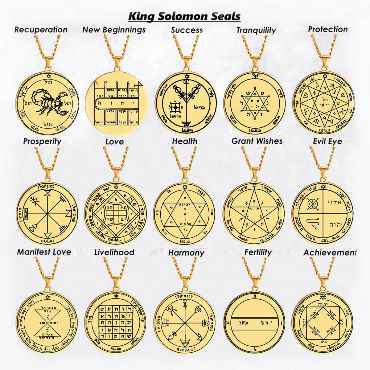 King Solomon Seal Pendant Necklace - Gold Plated Coin Medallion