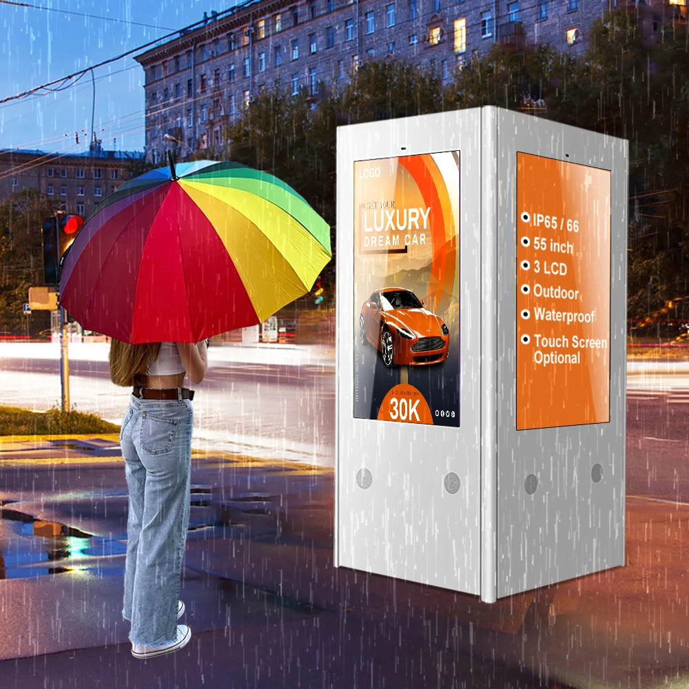 55" Lcd Display Light Box Three Sided Ip65 Waterproof Outdoor Lcd Advertising Kiosk With Air Conditioner