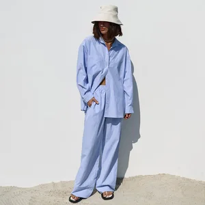 2025 Blue Women's Pajamas Sets Street Chic Y2k Clothes Women Elegant Lapel Shirts Elastic Waist Long Pants Suits 2 Piece Sets