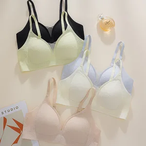 High Quality Summer Breathable Knitted Women's Underwear Adjustable Strap Lace Bra Solid Pattern Push-Up Wire-Free Bra for Big
