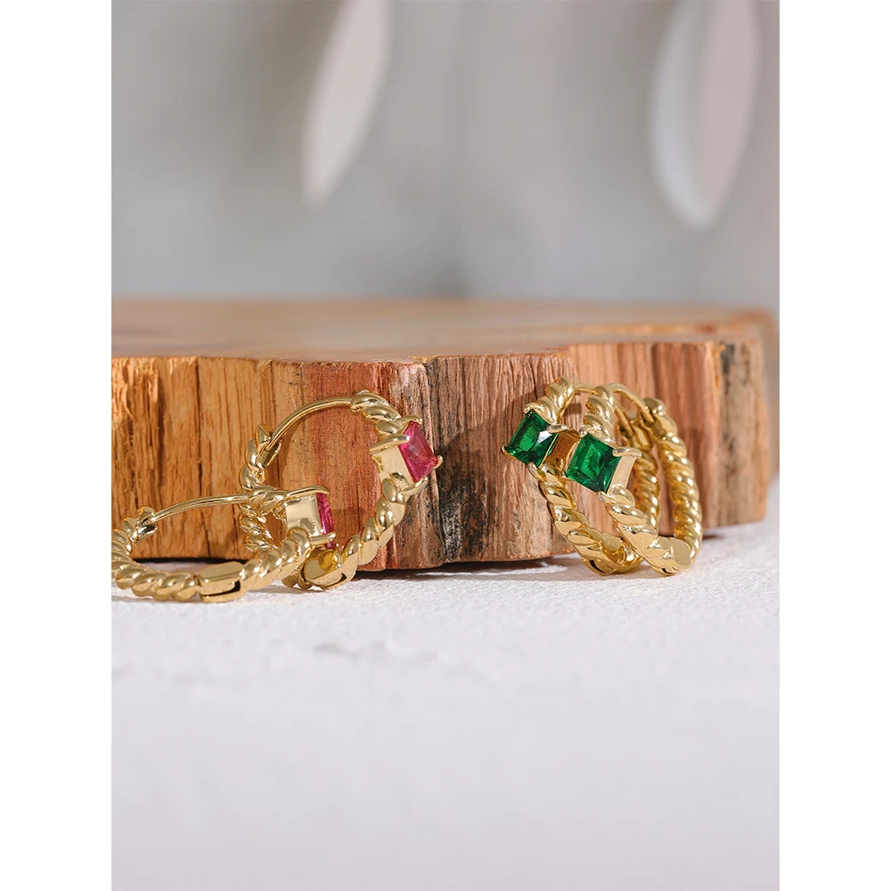 JINYOU 2107 Tarnish Free 4 Colors Fashion Trend Charm Round Geometric Jewelry 2025 Stainless Steel Green Zircon Hoop Earrings