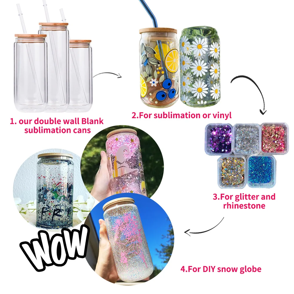 US Stock 48pcs 16oz Sublimation Clear Glass Mug Blanks Beer Can Glasses  Cups