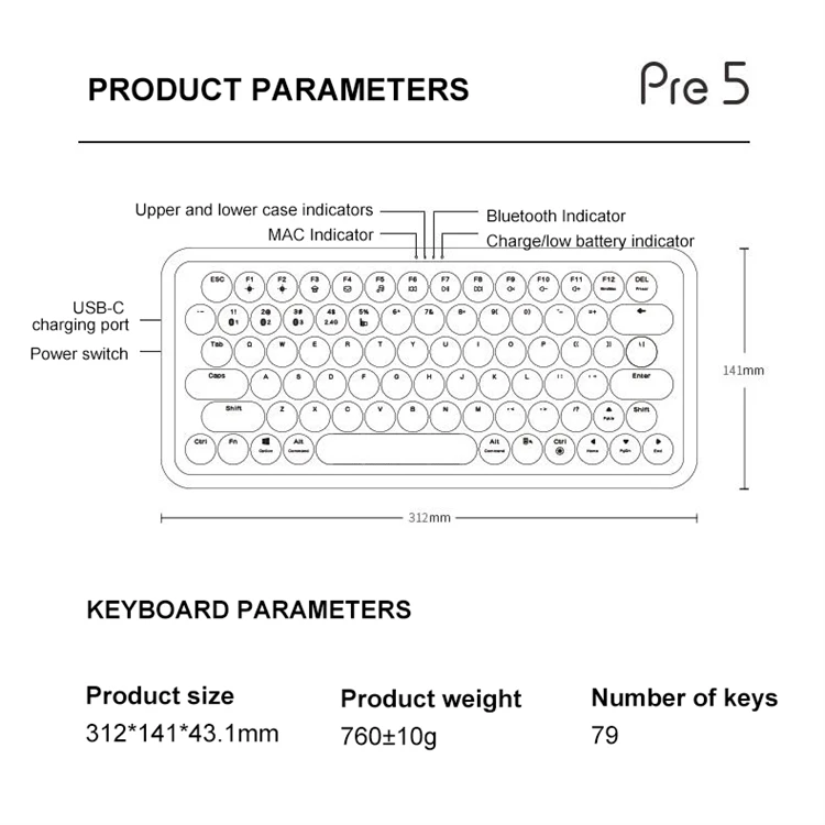 Rapoo Ralemo Pre5 Colorful Wired 79Keys Retro Women Girl Cute Mini Gaming Led Mechanical Keyboard Wireless