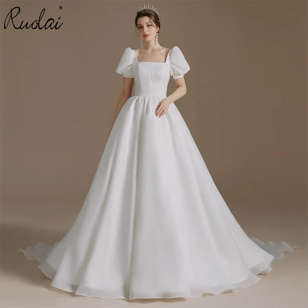 Ruolai QD06101 Elegant Square Collar Puff Short Sleeves Simple Wedding  Dress Lace-up A-line With Bow Bridal Dress Gown