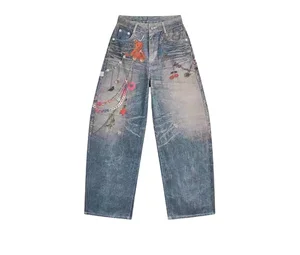 Korean-Style Spicy Girl Personality 3D Cartoon Graffiti Print High Street Light Blue Jeans Breathable Denim Harem Hiphop Casual