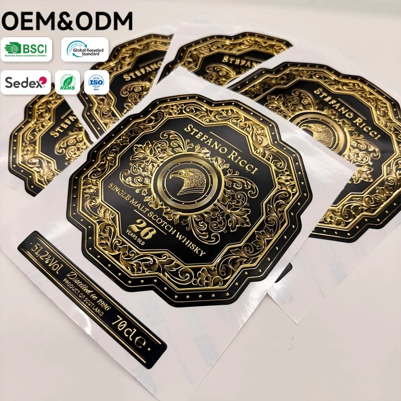 Custom Embossed Gold Foil Whisky Labels - Luxury Black & Gold Bottle Nameplates for Spirits, BSCI Certified