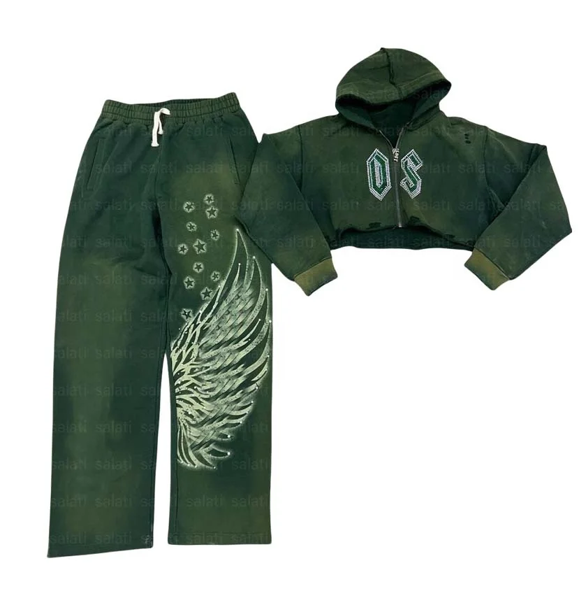 Salati Sweat Jogging Suit Manufacturer Zipper Cropped Hoodie and Sweatpants Set Acid Wash Rhinestone Sweatsuit Tracksuit for Men