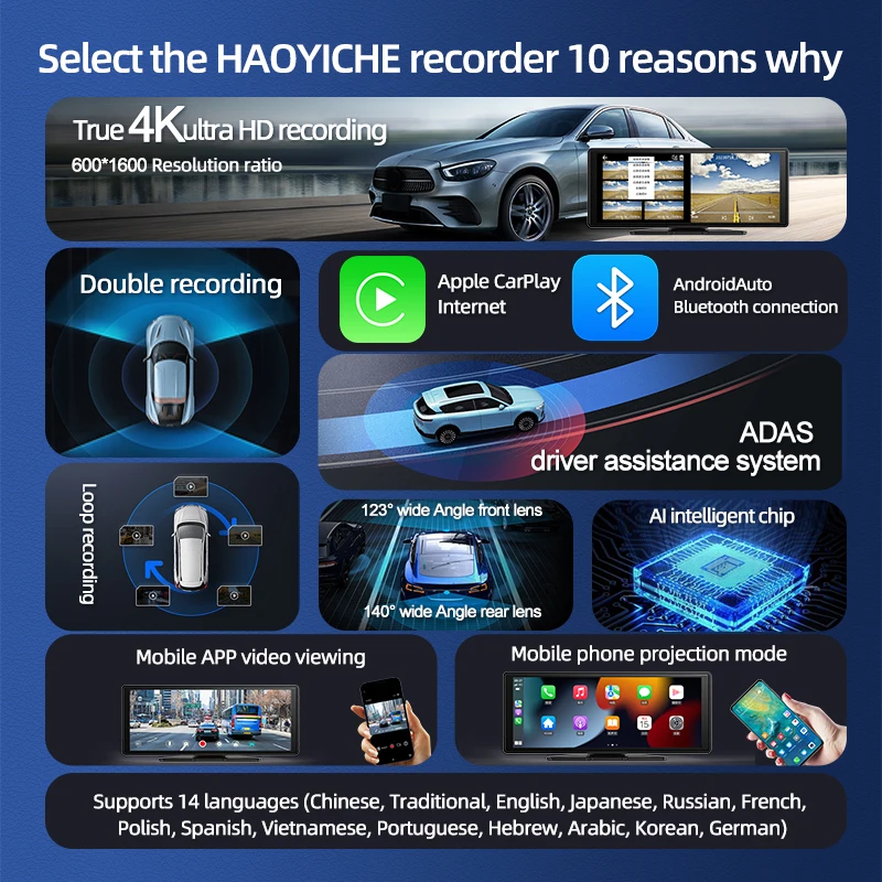 New Arrival 10.26" Dash Cam Front and Rear 4k Dual Lens CarPlay HD Car DVR GPS Black Box for Automobile Recording