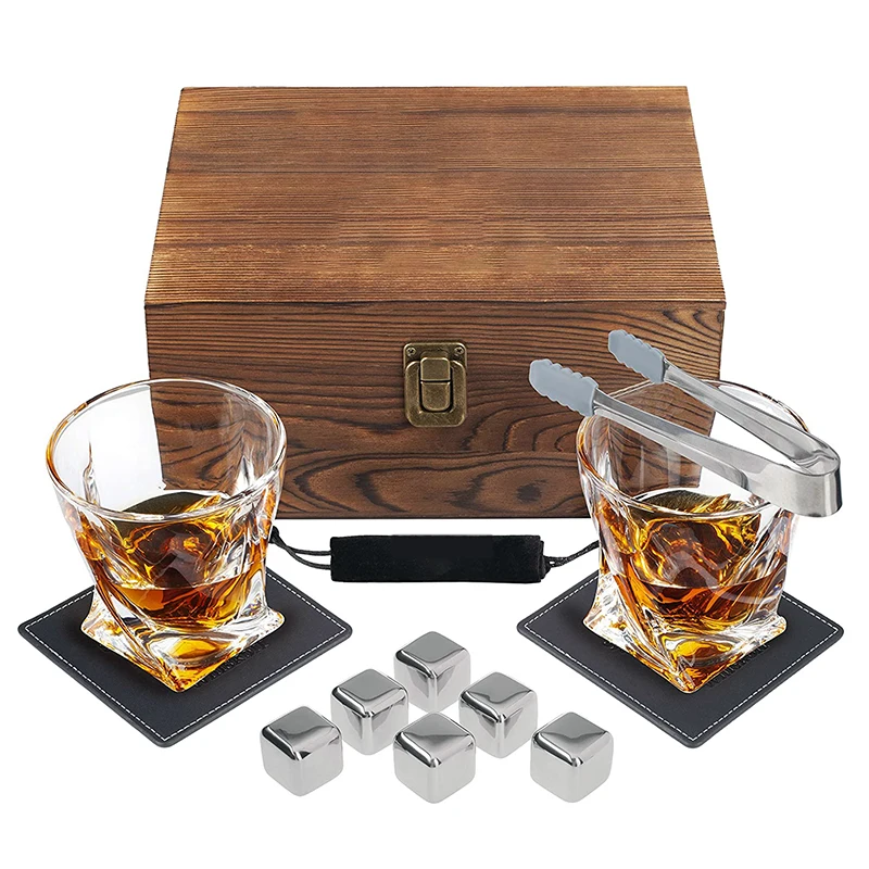 Metal Ice Cubes Whiskey Stone Box Gift Set And Whiskey Glass And Stones Gift Set Wooden Box