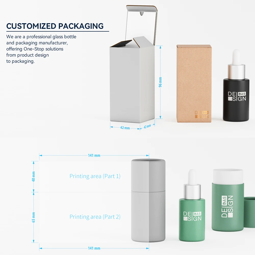 20ml 30ml Cosmetic Skincare Packaging Cylinder Clear Amber Beard Hair Essential Oil Serum Glass Dropper Bottle with Eye Dropper